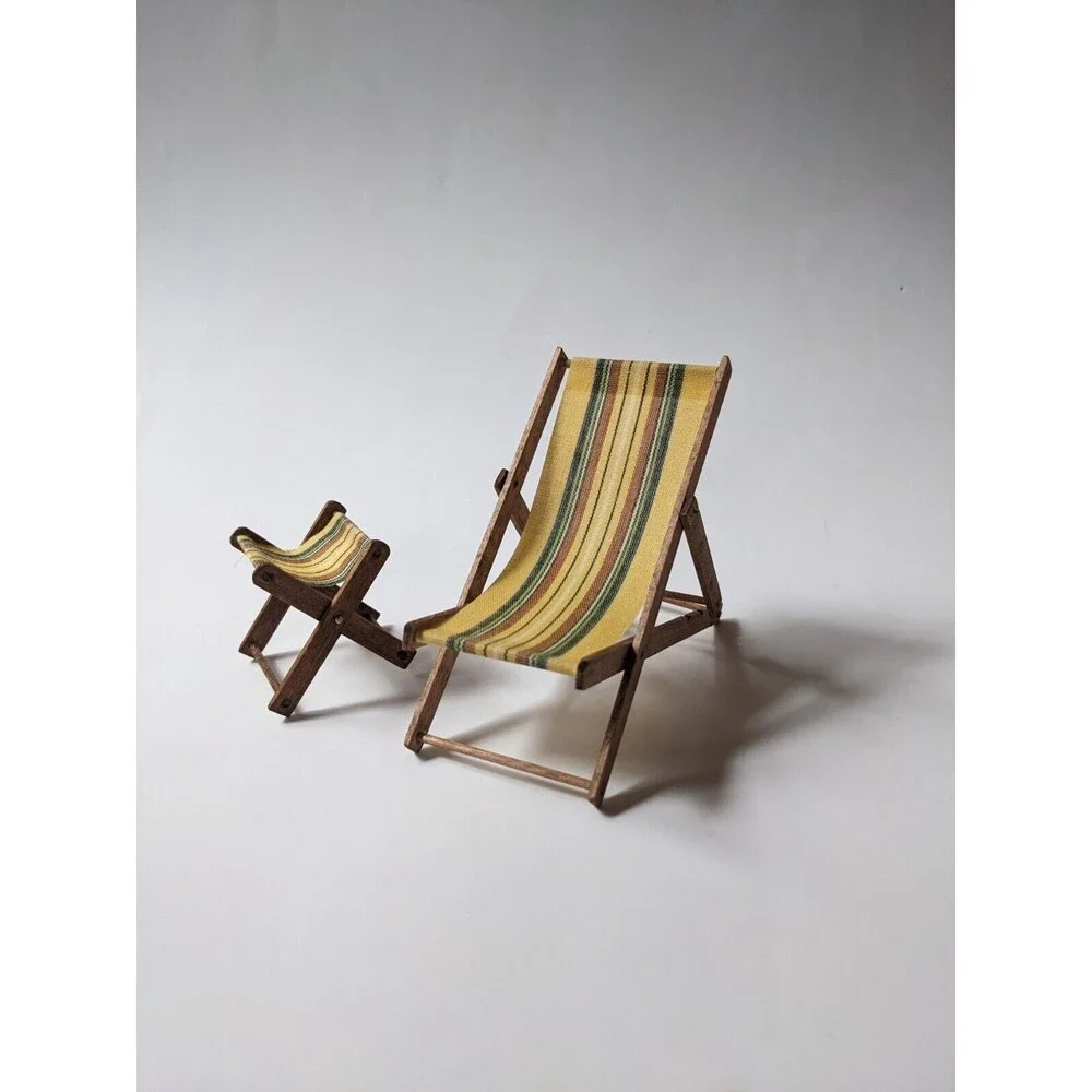 Vintage‎ Dollhouse Miniature Folding Beach Patio Outdoor Chaise Lounge Furniture